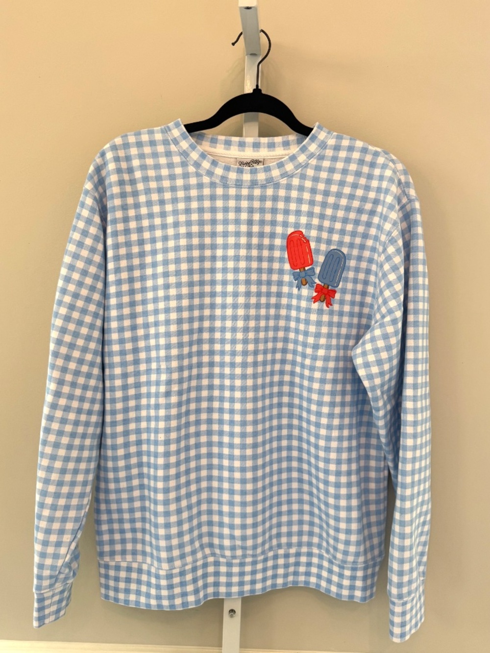 NWOT Living Fully Co Gingham Lightweight Sweatshirt Blue White Popsicle Top S - Picture 2 of 11